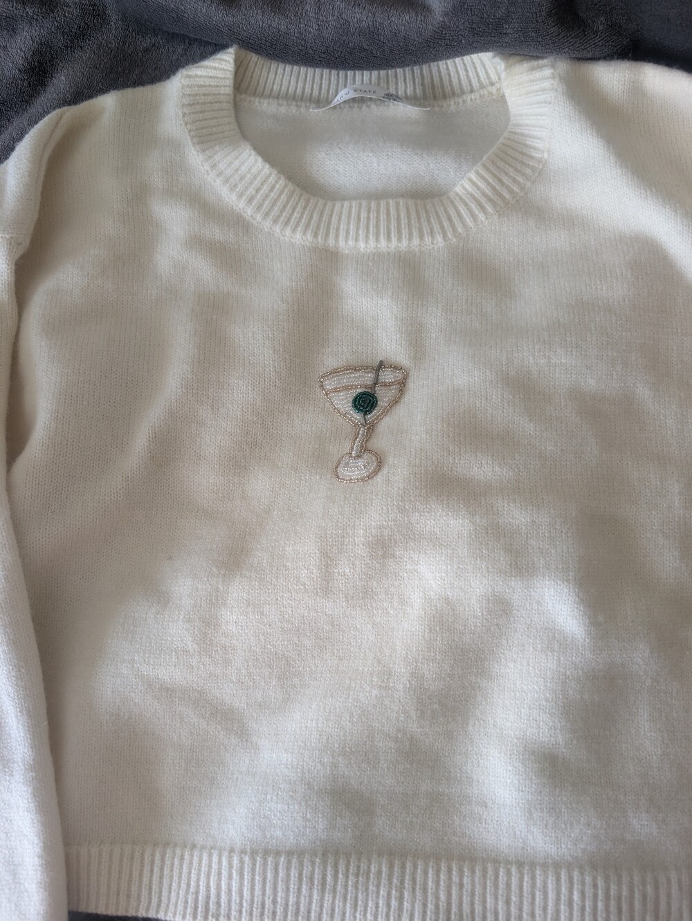 Altar'd State White Cropped Crewneck Sweater with Embroidered Cocktail
